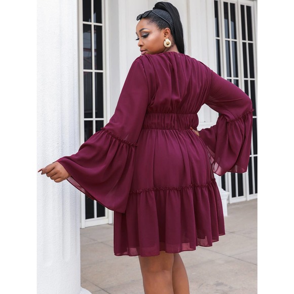 Plus Size Flare Sleeve Plunge Mini Dress - Picture 5 of 6